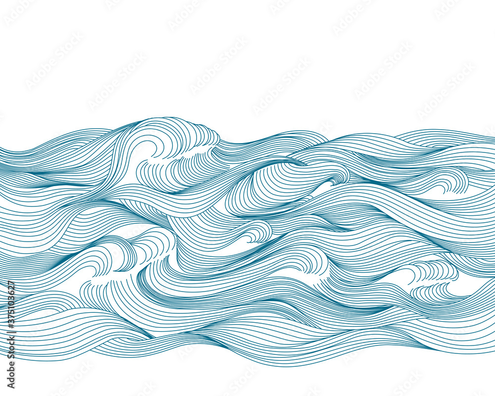 Pattern sea, waves, water. Hand drawing by line. Isolated on white background