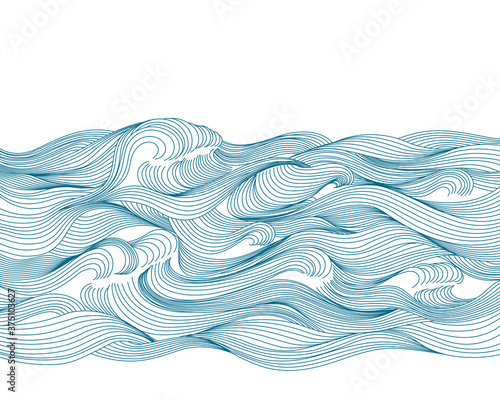 Pattern sea, waves, water. Hand drawing by line. Isolated on white background