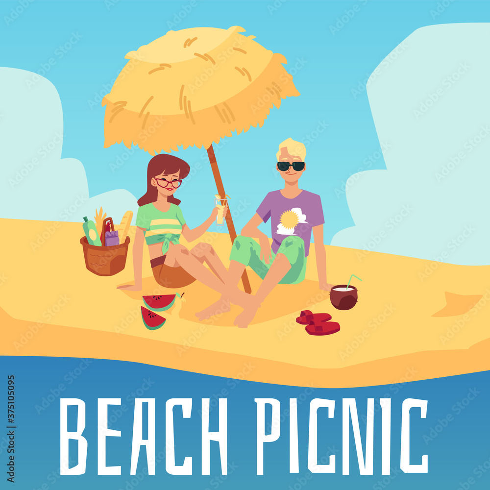Summer beach picnic banner with couple on sea vacation flat vector illustration.