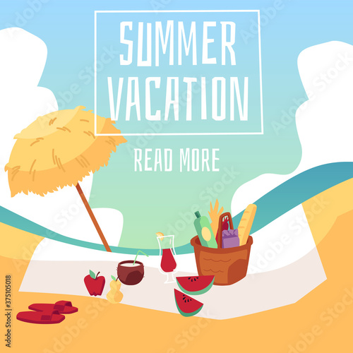 Summer vacation banner with picnic items on sea beach flat vector illustration.