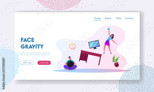 Characters in Living Room with Zero Gravity Flying Furniture Landing Page Template. Man Holding Dumbbell for Antigravity