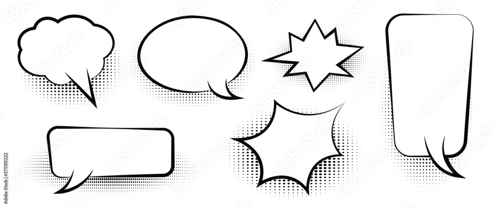 Naklejka premium Retro empty comic bubbles and elements with black halftone shadows vector set.