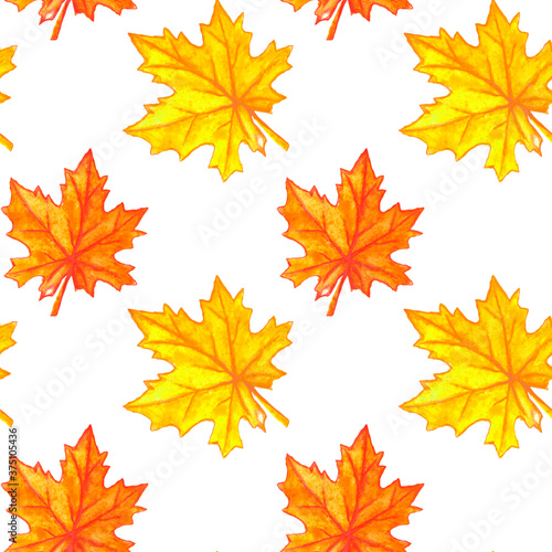Watercolor autumn maple leaves seamless pattern. Colorful fall background and texture