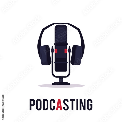 Online podcasting emblem - studio microphone, flat vector illustration isolated.
