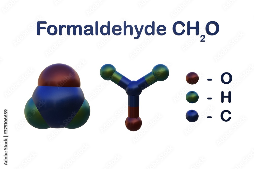 Structural chemical formula and molecular model of formaldehyde. It is