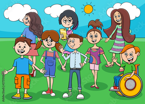 funny kids and teens cartoon characters group
