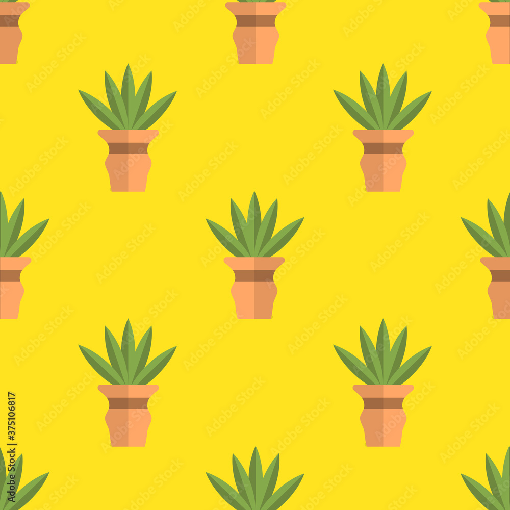 Colorful cartoon doodle flower in pot seamless pattern. Succulent floral background in flat style. Vector illustration.