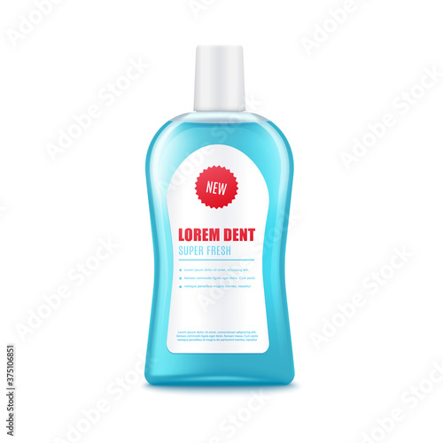 Realistic mouthwash bottle mockup with blue liquid