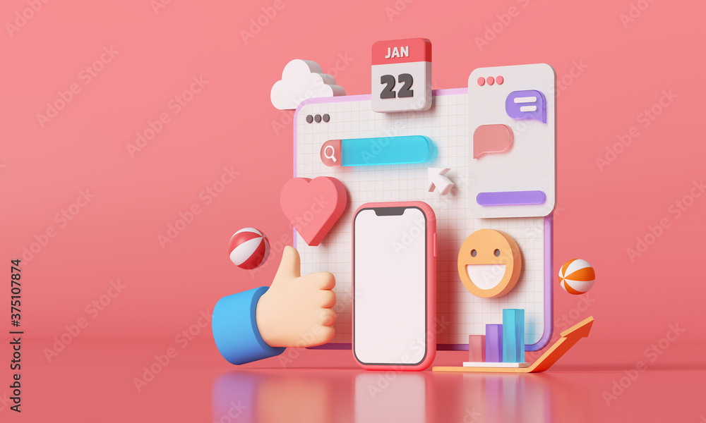3D Social media platform, online social communication applications concept, emoji, webpage, search icons, chat and chart with smartphone background. 3d illustration - obrazy, fototapety, plakaty 
