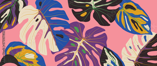 Luxury leaf art deco wallpaper. Nature background vector. Floral pattern with tropical plant line art on trendy color background. Vector illustration.