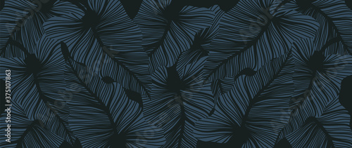 Luxury leaf art deco wallpaper. Nature background vector. Floral pattern with tropical plant line art on trendy color background. Vector illustration.