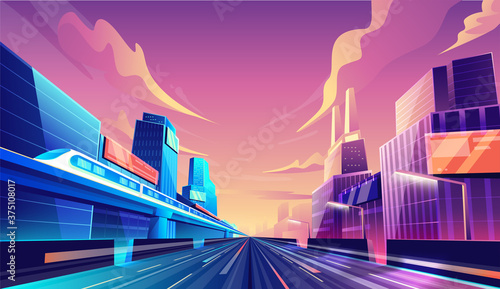 Smart city street road concept. cityscape, skyscraper buildings and train background. vector illustration.