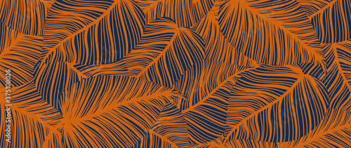 Luxury leaf art deco wallpaper. Nature background vector. Floral pattern with tropical plant line art on trendy color background. Vector illustration.