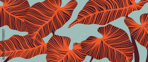 Luxury leaf art deco wallpaper. Nature background vector. Floral pattern with tropical plant line art on trendy color background. Vector illustration.