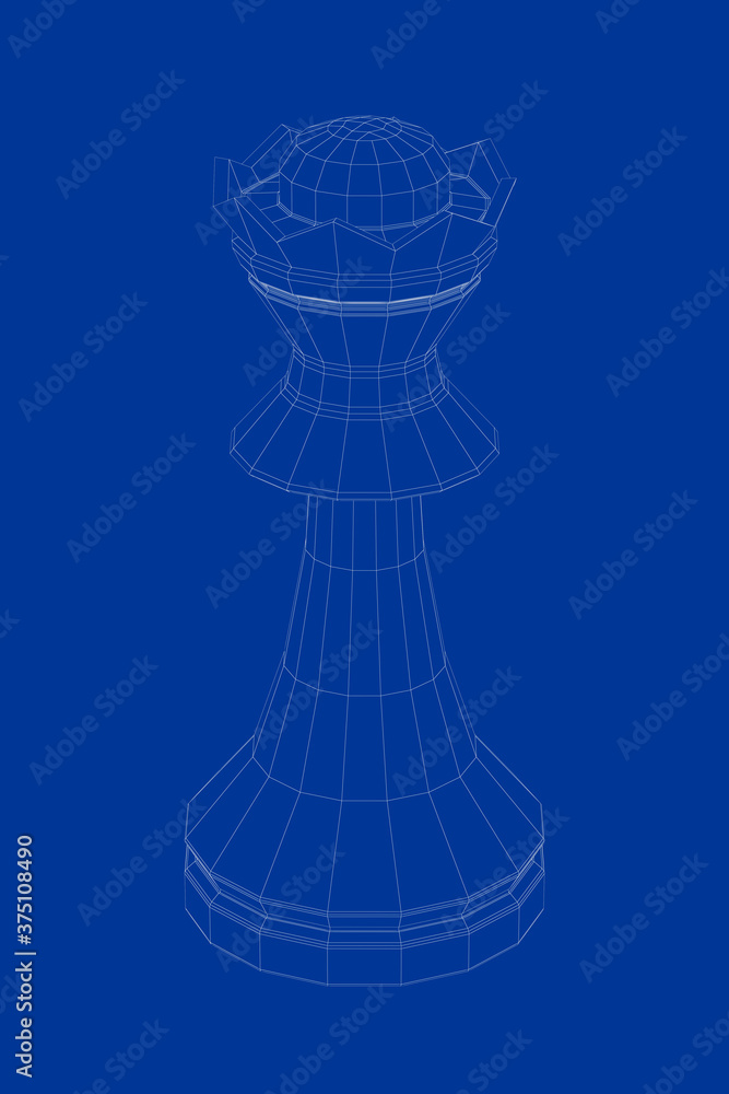 3d wire-frame model of queen chess piece - obrazy, fototapety, plakaty 