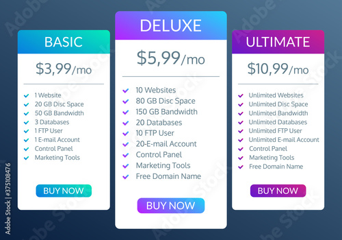 Price plan template. Pricing table for web hosting. Vector illustration.