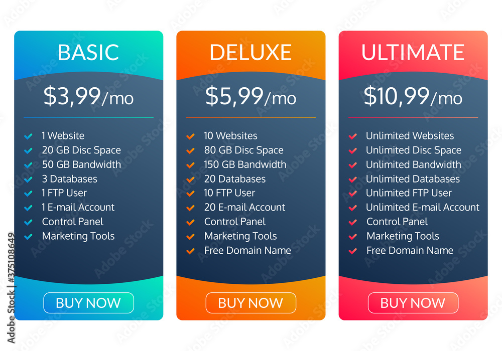 Price plan template. Pricing table for web hosting. Vector illustration.