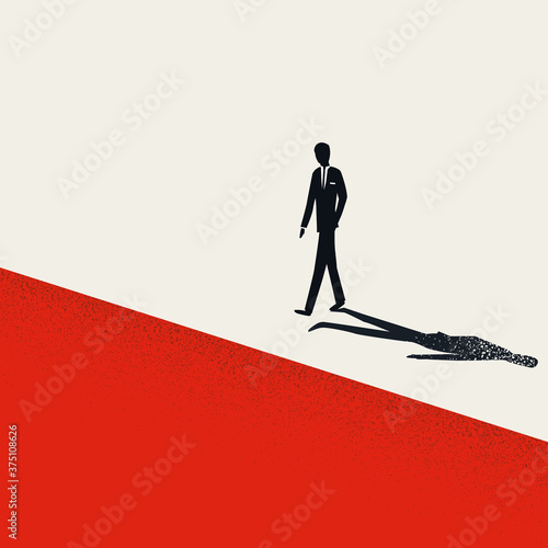 Business risk, financial crisis, depression vector concept with businessman walking to edge of a cliff.