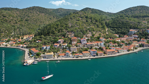 Aerial drone panoramic photo of picturesque village capital and port of Ithaki or Ithaca island called Vathi a safe anchoring for sail boats, Ionian, Greece © aerial-drone