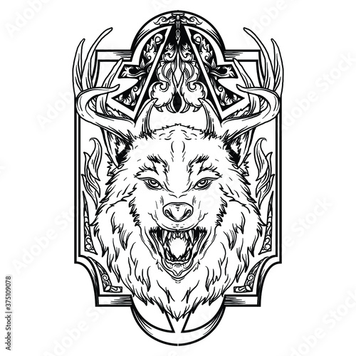 tattoo and t-shirt design black and white hand drawn deer wolf engraving ornament  premium vector