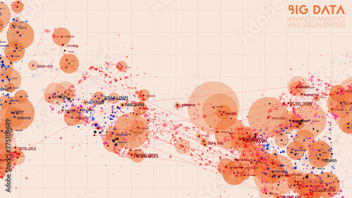 Cloud big data processing. Network analysis. Human connections representation. Science data threads scatter plot. Futuristic infographics aesthetic design. Spatial cyber visualization photo