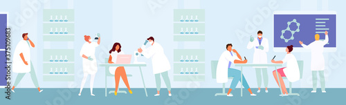 Scientists group of people working in the laboratory. Science and experiments. Vector illustration