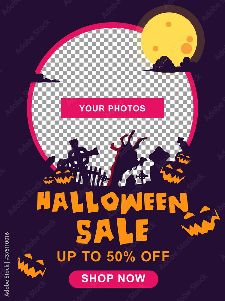 Halloween sale banner. Halloween  background with tombstone, pumpkin, haunted house and full moon. Flyer or invitation template for Halloween party. silhouette Vector illustration.