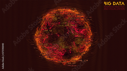 Spherical data cloud visualization. 3D big data scientific processing. Futuristic HUD or UI mainframe screen. Technological data clusters analysis. Intricate information connections.