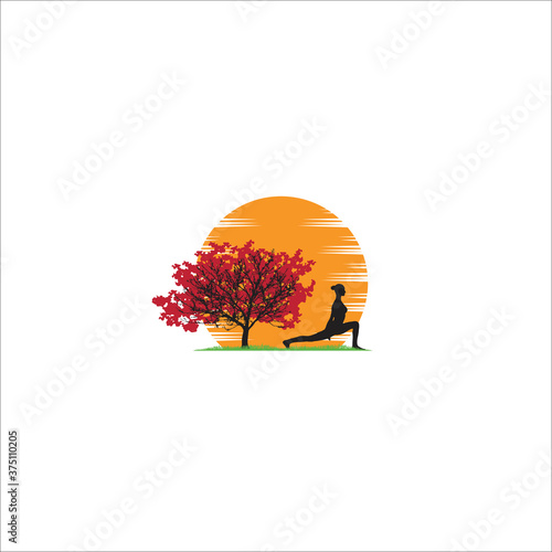 yoga oak tree sunrise logo design icon silhouette