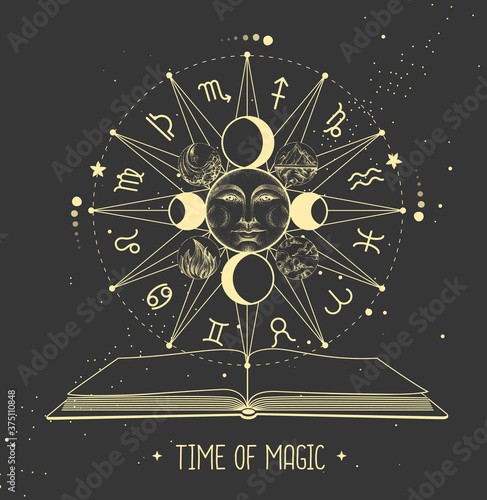 Modern magic witchcraft Astrology wheel with zodiac signs and open magic book. Horoscope vector illustration
