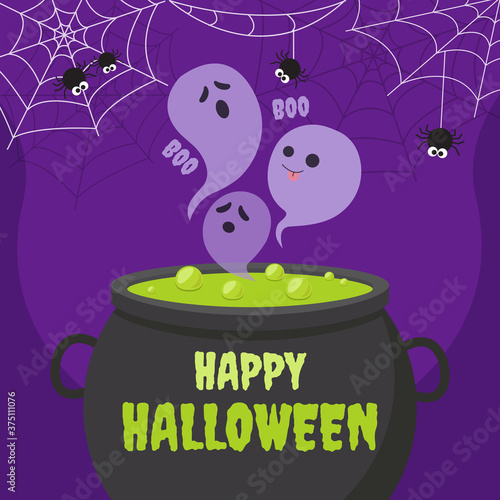 Happy halloween invitation greeting card template. Magic potion cauldron with ghost and spider web. Flat vector cute cartoon design