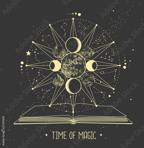 Modern magic witchcraft Astrology wheel with zodiac signs and open magic book. Zodiac constellations. Horoscope vector illustration