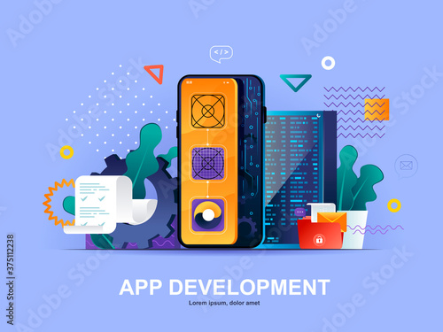 App development flat concept with gradients. Mobile application design, prototyping and programming web template. Software engineering and full stack development 3d composition, vector illustration.