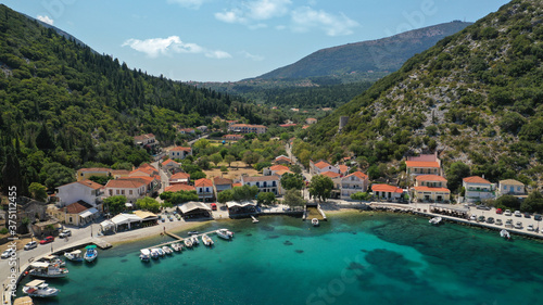 Aerial drone panoramic photo of picturesque village capital and port of Ithaki or Ithaca island called Vathi a safe anchoring for sail boats  Ionian  Greece