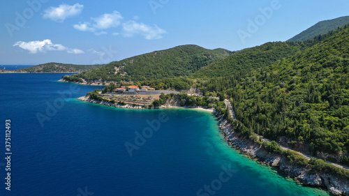 Aerial drone panoramic photo of picturesque village capital and port of Ithaki or Ithaca island called Vathi a safe anchoring for sail boats, Ionian, Greece © aerial-drone