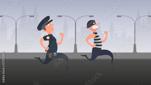 A policeman runs after a thief. A criminal escapes from the policeman.  Cartoon style. Vector.