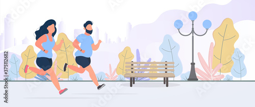 A fat girl and a guy are running around the park. Running fat woman and man on the street. The concept of losing weight and a healthy lifestyle. Vector.