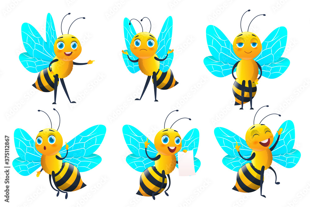 Set of bee character and bee with honey Set of bee character and bee with honey