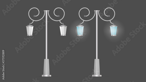 A set of Metallic lanterns that shine. Lamp post with realistic light. Vector.