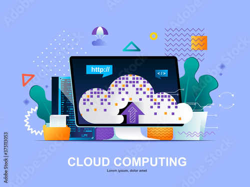 Cloud computing flat concept with gradients. Virtualization technology, cloud database system web template. Hosting platform administering, data center computing 3d composition, vector illustration.
