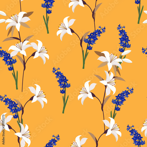 Seamless pattern. Blue hyacinth flower pattern and lily.