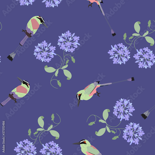 Seamless vector illustration with blue agapanthus and beautiful exotic birds r