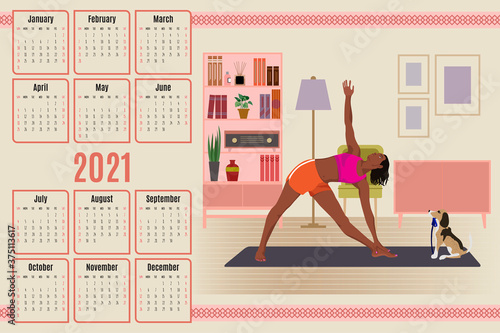 2021 calendar with flat illustration of woman doing yoga in her appartement with dog