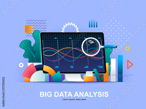 Big data analysis flat concept with gradients. Online analysis tools, software development company web template. Big data analytics and business intelligence 3d composition, vector illustration.