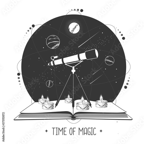 Modern magic witchcraft open book with telescope and outer space and planets. Vector illustration