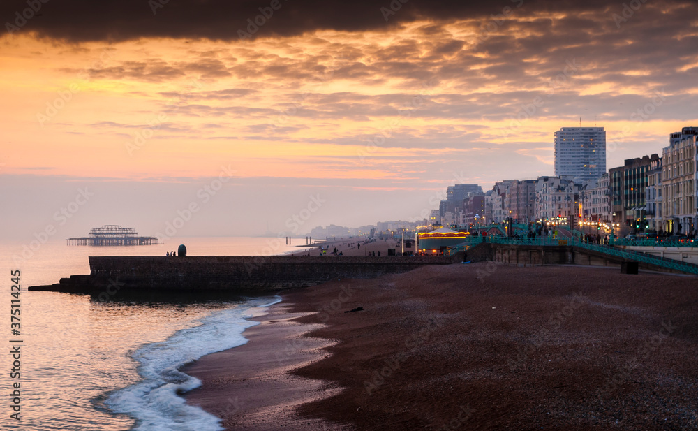 Brighton Beach and Seafront at Dusk, Brighton, Sussex, Britain 