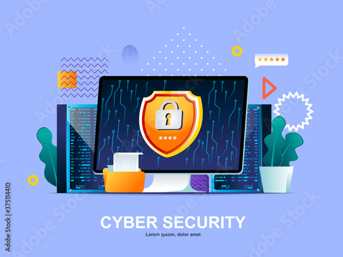 Cyber security flat concept with gradients. Firewall software, password identification and privacy web template. Cybersecurity consultation, digital safety solution 3d composition, vector illustration