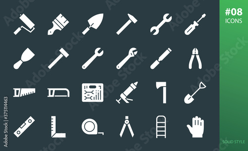 Hand tools solid icon set. Set of nippers, car tool box, adjustable wrench, construction gloves, hacksaw, ladder, paintbrush, knife putty, hand saw, screwdriver, sealant pistol, hammer glyphs icons