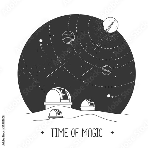 Modern magic witchcraft card with astrology observatory and outer space in the night sky