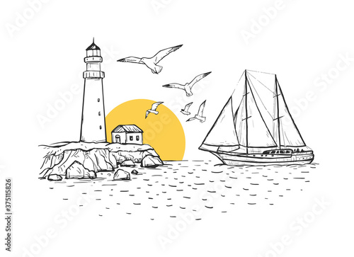 Sunny landscape vector sketch illustration with lighthouse, sailboat, seagulls, sun and sea. Design for poster, banner and card.